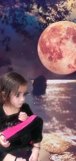 Child under moonlit night sky wallpaper.