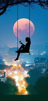 Silhouette on swing with moonlit city and skyline as background.