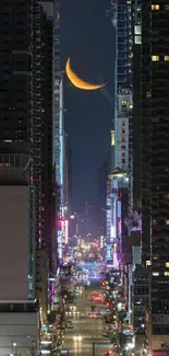 Moonlit city street with vibrant lights.