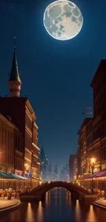 Moonlit city street with water reflections and serene night sky.