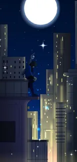 Moonlit cityscape with silhouette figure.