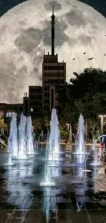 Moonlit cityscape with fountains at night, serene and captivating.