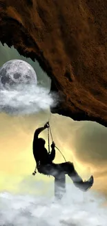 Silhouette of a climber against moonlit cliff with clouds.