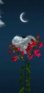 Moonlit night with red flowers and clouds in a deep blue sky.