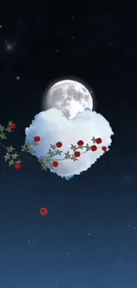 Moonlit cloud with red roses on a starry night sky background.