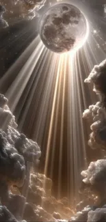 Moonlit clouds with radiant beams of light creating an ethereal scene.