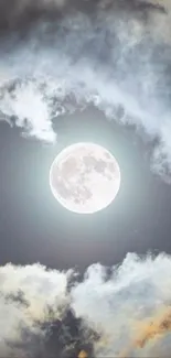 Moon shining through clouds on a dark night.