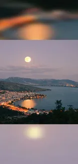 Moonlit coastal cityscape with glistening water and city lights in the distance.