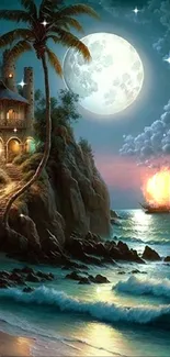 Moonlit coastal scene with cottage and sailboat.