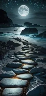 Moonlit path along rocky shore under starry sky and full moon.