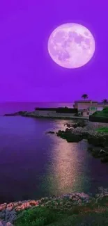 Purple night sky with moon over a tranquil coastline.