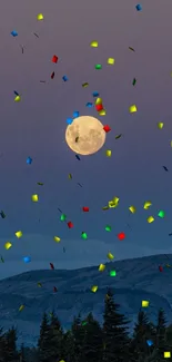 Full moon with colorful confetti in a dusk sky wallpaper.