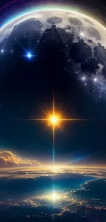 Mobile wallpaper of a moonlit cosmic horizon with stars and the earth.