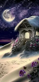 Snowy cottage under a moonlit sky with vibrant purple flowers.