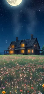 Moonlit cottage surrounded by a starry night sky and flower fields.