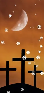 Moonlit crosses with snowflakes on an orange night sky.