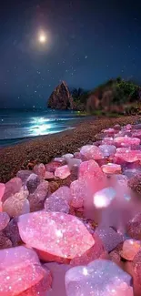 Moonlit beach with pink crystals glowing in the night.