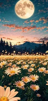 A scenic view of daisies under a full moon in a tranquil landscape.