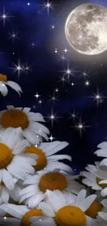 Moonlit sky with daisies and shining stars under a glowing full moon.