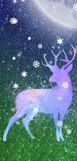 Purple deer in moonlit snowflake scene wallpaper.