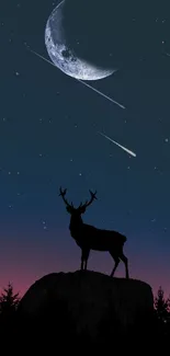 Majestic deer silhouette beneath a moonlit starry night sky with shooting stars.