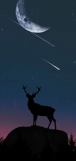 Silhouette of deer under a moonlit, starry night sky.