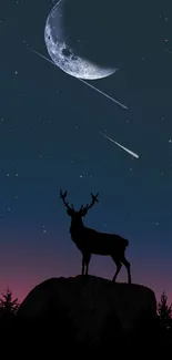 Silhouette of a deer under a moonlit night sky with shooting stars.