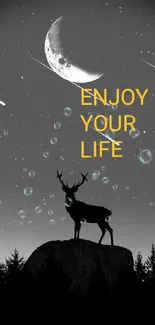 Deer silhouette with moon and inspiring text on a starry night wallpaper.