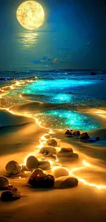 Glowing moonlit desert with ethereal river.