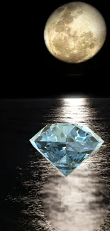 Full moon and diamond reflecting on serene water in night scene.