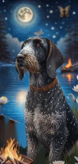 Dog by a moonlit lake with campfire and water lilies.