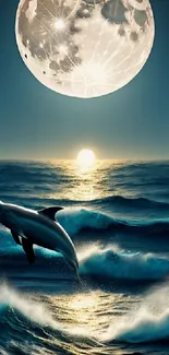 Dolphin leaping in moonlit ocean with a glowing full moon above.