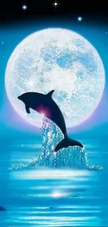 Dolphin jumping against a full moon.