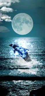 Dolphin leaping under moonlit ocean night scene.