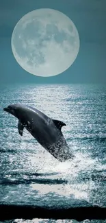 Dolphin leaping in moonlit ocean scene.