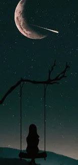 Silhouette on a swing under crescent moon and shooting star.