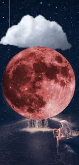 Red moon with cloud over water in a starry night.