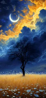 Artistic moonlit landscape with clouds and a tree.