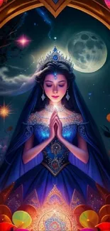 Fantasy artwork with moonlit woman in intricate attire against a celestial backdrop.