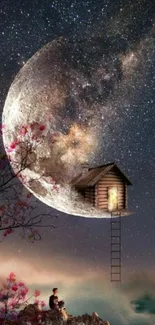 Surreal night scene with a cabin on a moonlit starry sky.