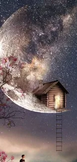 Fantasy nightscape with a cottage on a crescent moon under starry sky.