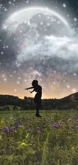 Silhouette in moonlit field with starry sky and wildflowers.