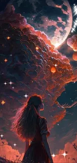 Girl gazing at a luminous moon with colorful celestial clouds.