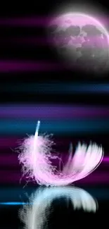 Ethereal feather with moonlit background in pink and purple hues.