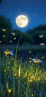 Moonlit meadow with glowing fireflies and a bright full moon.