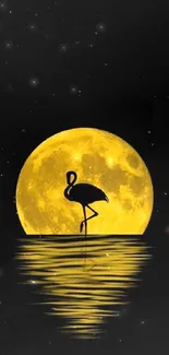 Flamingo silhouette with full moon reflection on calm water.