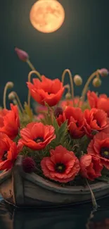 Red flowers in a boat under a full moon.