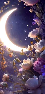 Crescent moon and flowers under a starscape in a mythical scene.