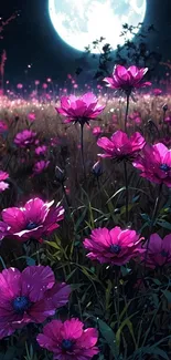 Moonlit floral scene with vibrant purple flowers under a full moon.