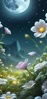 Moonlit flowers under a starry sky with a glowing full moon.